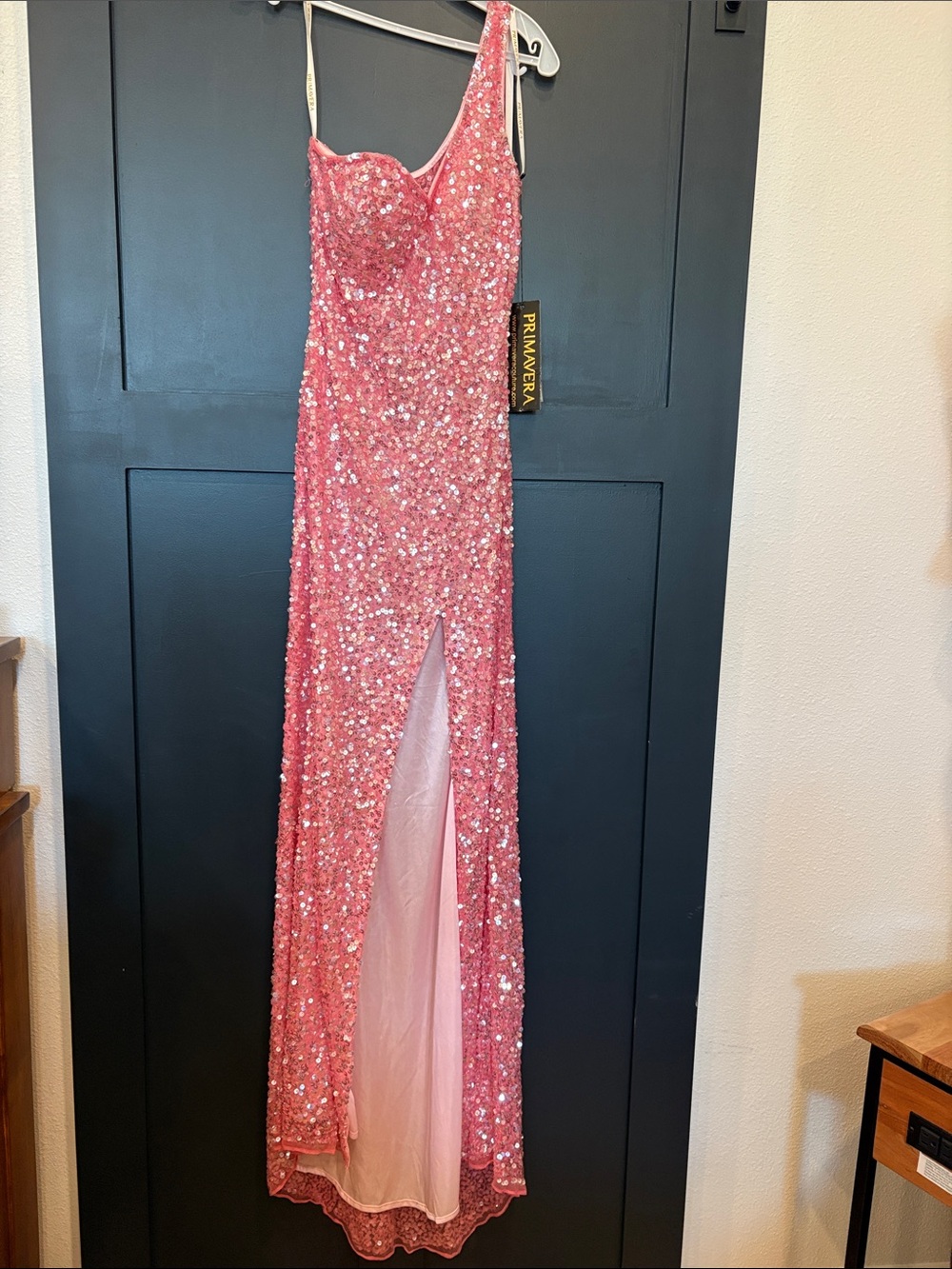 710. Primavera Couture Pink Sequin One-Shoulder Prom Gown with Front Slit